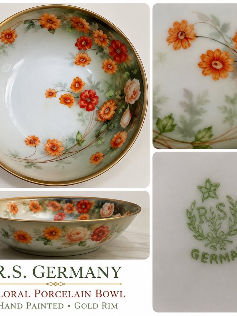 Antique R.S. Germany Floral Porcelain Bowl Hand Painted Gold Rim Vintage 9.5"
